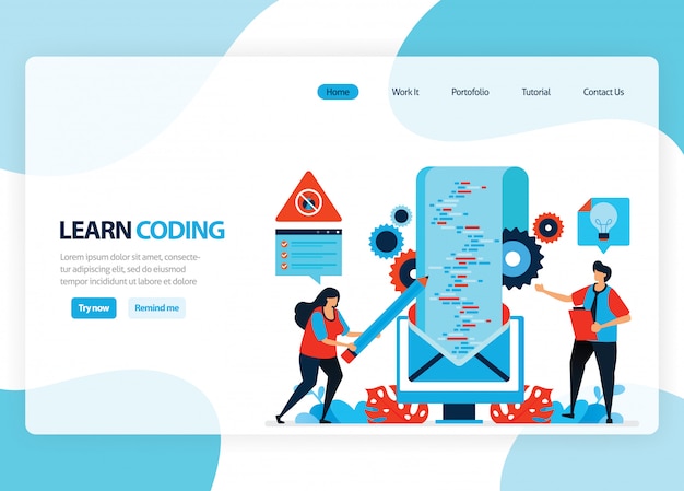 Vector homepage for learning programming and coding. application development with a simple programming language. flat illustration