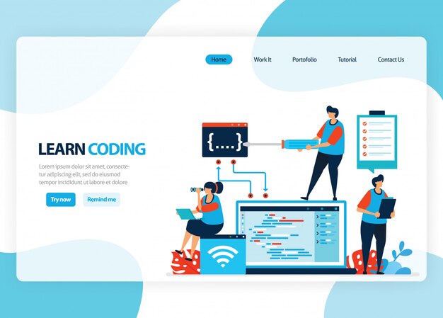Vector homepage for learning programming and coding. application development with a simple programming language. flat illustration