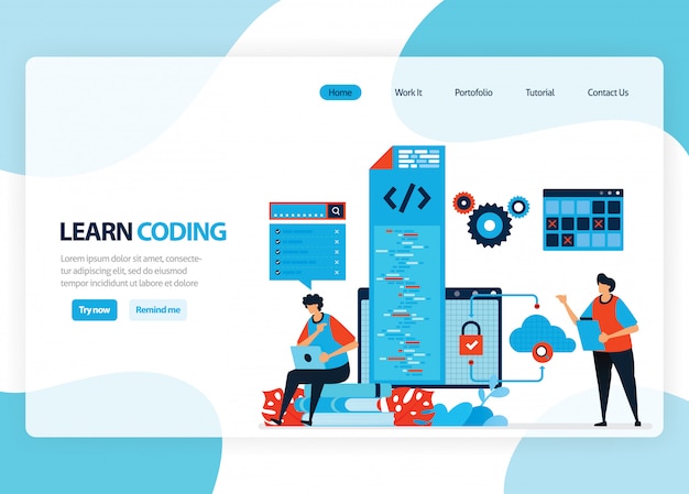 Vector homepage for learning programming and coding. application development with a simple programming language. flat illustration