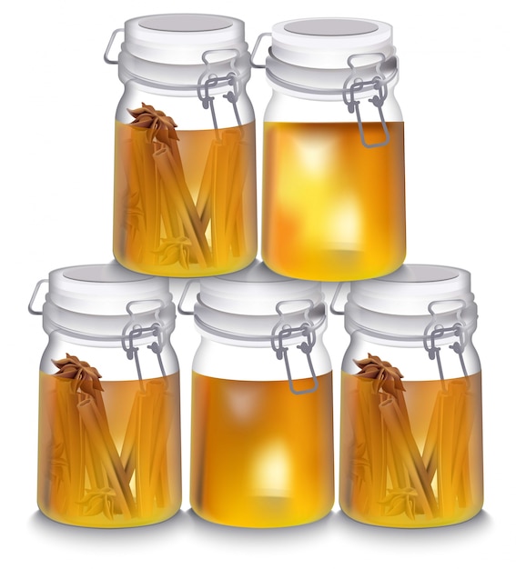 Vector honey jar realistic vector illustration. cinnamon flavor