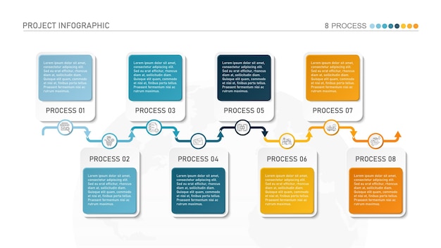 Vector horizontal timeline or flowchart with 8 square elements and space for data