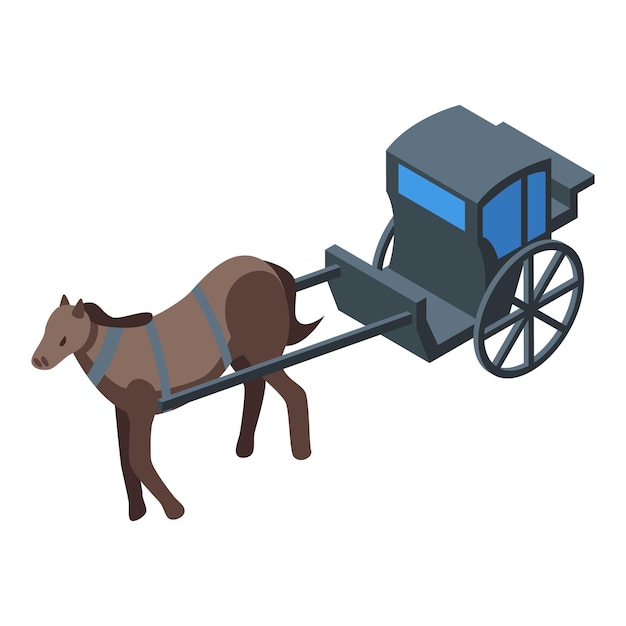 Vector horse pulling a traditional black carriage isometric view