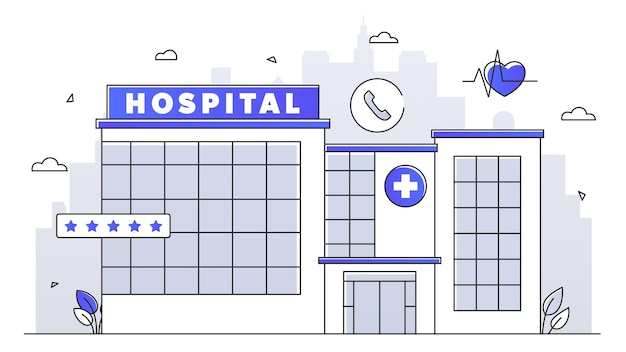 Vector hospital building with a silhouette of cityscape in the background simple style design health care