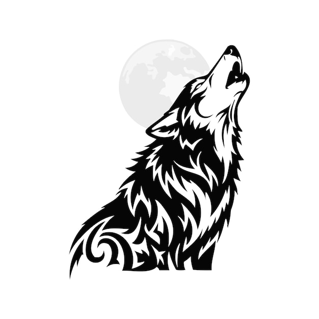 Vector howling wolf silhouette against moon