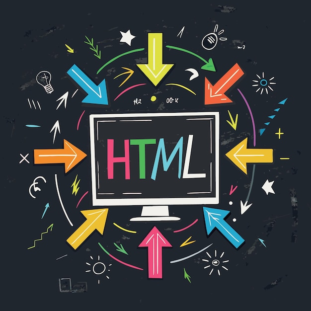 Vector html coding language programming for website blog and seo concept multi color arrows pointing to