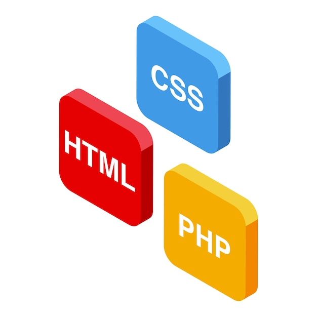 Vector html css and php buttons representing front end and back end development