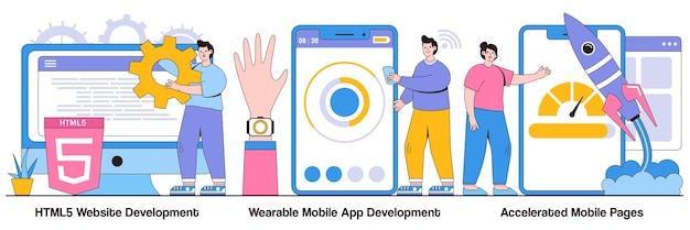 Vector html5 website development wearable mobile app accelerated mobile pages concepts with people characters software and frontend development illustration pack responsive landing design metaphor