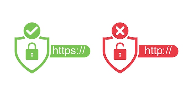 Vector https and http security certificates on white background. secure and insecure web protocols.