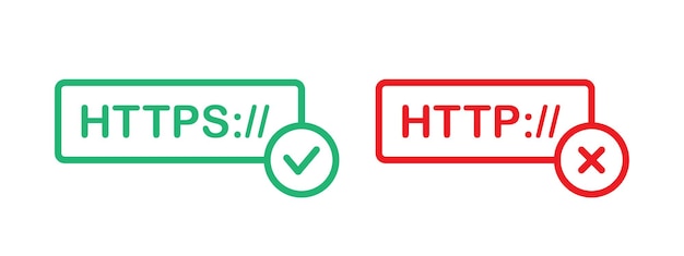 Vector https and http website connection safety status icon red and green web url bar with check and cross