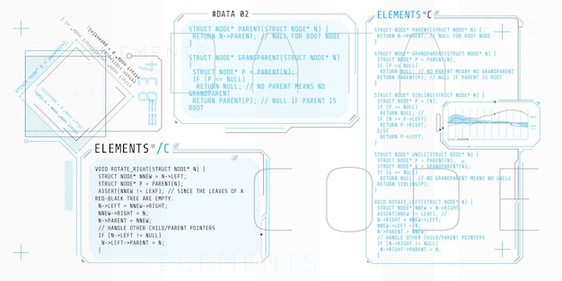 Vector hud elements consisting of interface windows with a part of the code c.