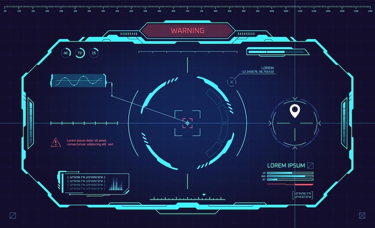 Hud helmet view VR dashboard in futuristic glasses or spaceship cockpit virtual tech digital interface viewfinder scanner frame race auto navigation game ui vector illustration of ui game interface