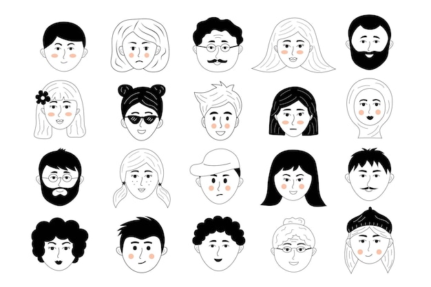 Vector human faces doodle set people avatars of different sex nationality age and facial expression
