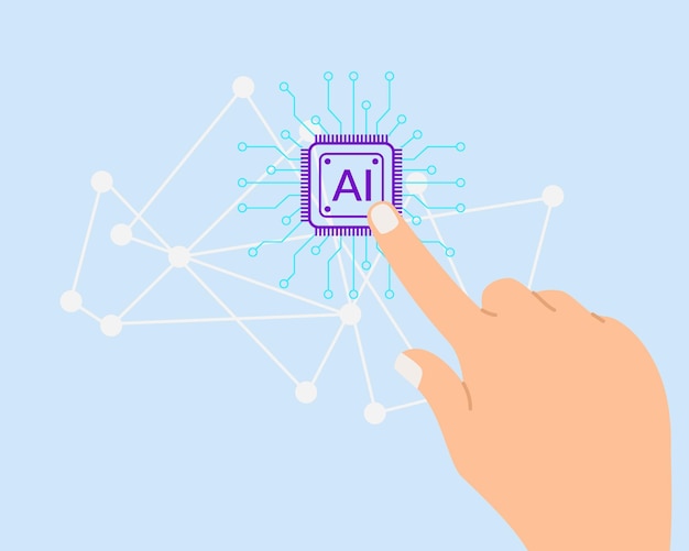 Vector human hand finger touching chip artificial intelligence icon virtual