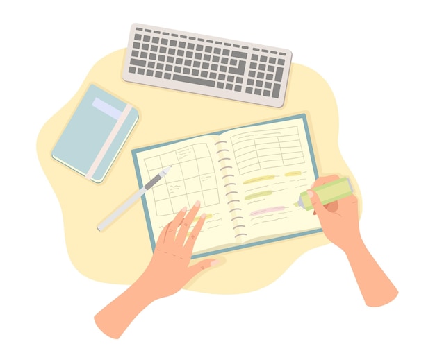 Vector human hands writing something in notepad with pen and highlighter above view vector illustration