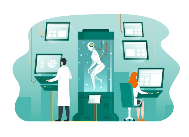 Vector humanoid robot in science laboratory with scientist working on computer, artificial intelligence concept