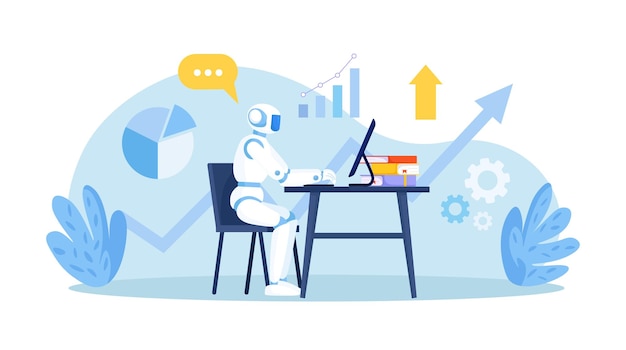 Vector humanoid robot working at computer in office workspace artificial intelligence ai automation business process work organization project management software development automated business system