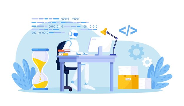 Vector humanoid robot working at computer in office workspace artificial intelligence ai automation business process work organization project management software development automated business system