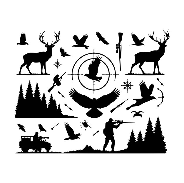 Vector hunting man silhouette illustration set vector