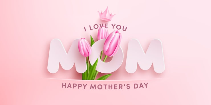 Vector "i love you mom" mother's day banner with sweet hearts, flower and pink gift box on pink background.