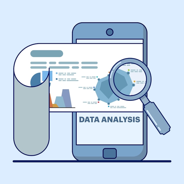 Vector illustration of the concept of data analysis and financial research using data analysis of financial