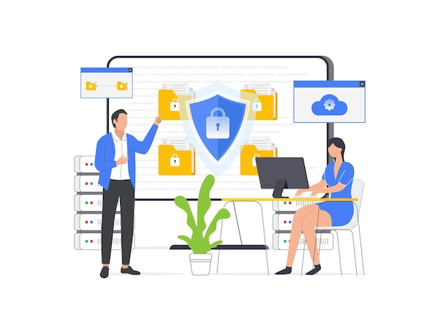 illustration of data security a shield on a computer desktop or laptop protects sensitive data ensuring internet security vector design with character illustration