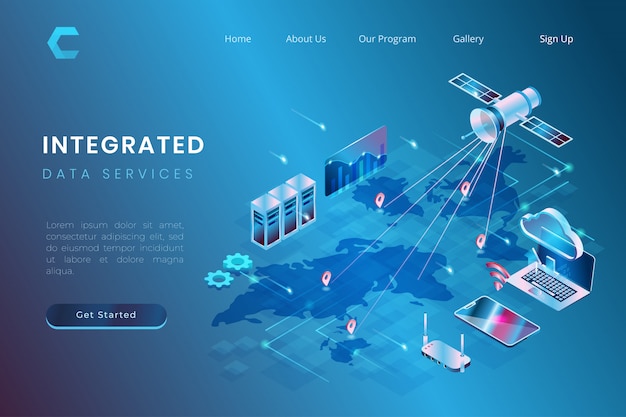 illustration of data service integration using satellite and cloud storage based systems in isometric 3d style