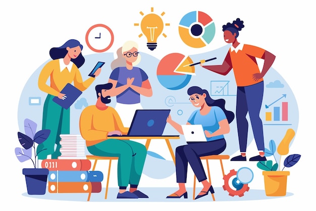 Vector an illustration of four people in an office collaborating on a data analysis project two on laptops one on a tablet and one explaining a pie chart