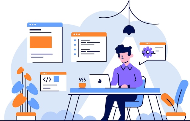 Vector illustration man programmer developer work coding set application mobile flat outline design style