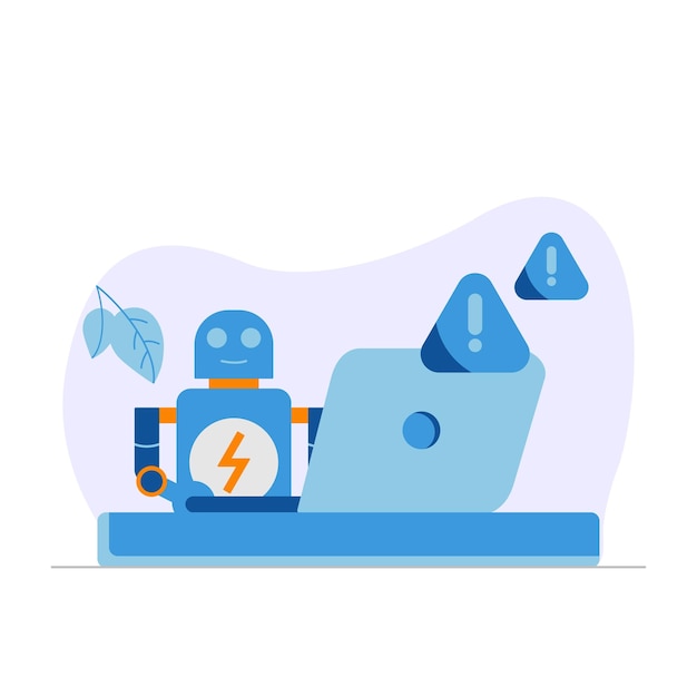 Vector illustration of a robot working on a laptop