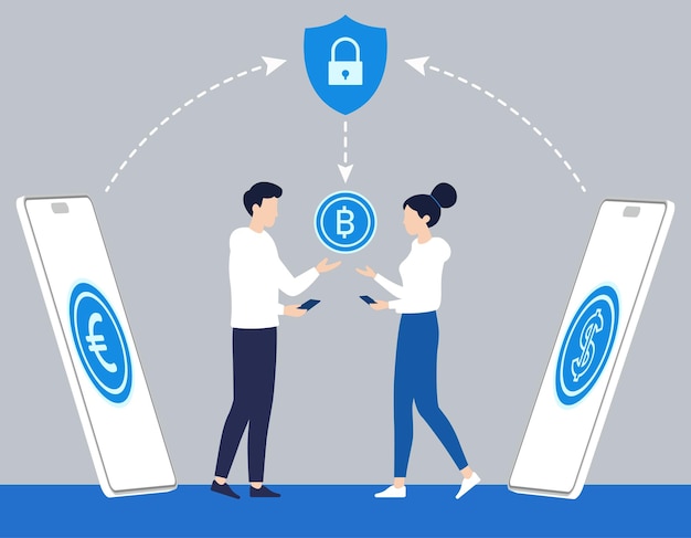 Vector illustration of a secure cryptocurrency exchange via mobile devices vector art