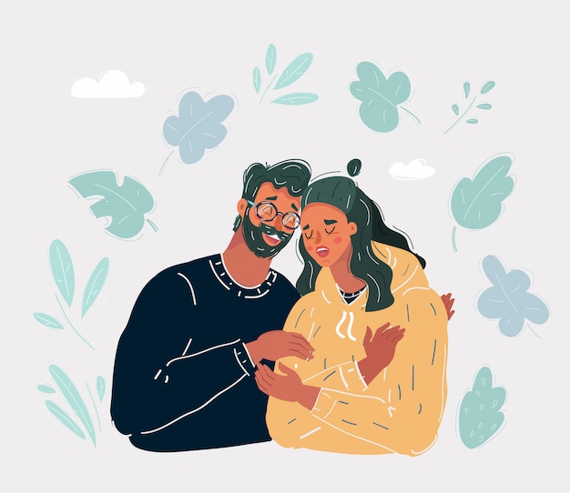 Vector  illustration of senior father comforting sad adult daughter