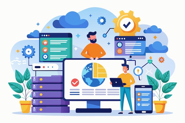 Vector illustration showcases web hosting with secure sql and various tech elements emphasizing data management and security web hosting with secure sql and flat illustrations