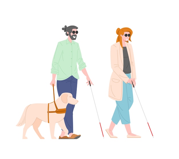 Vector illustration of visually impaired guy and girl with guide dog isolated on white background