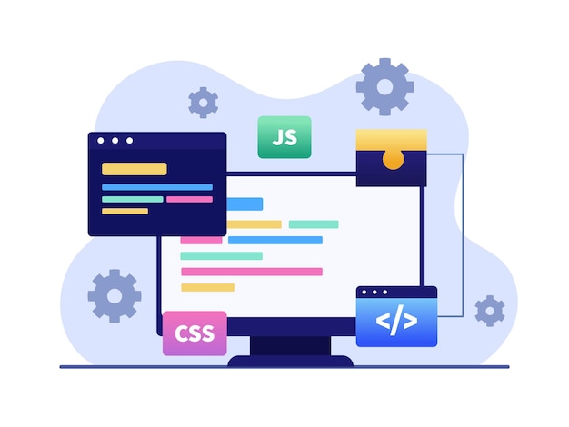 Vector illustration of web development and coding in computer screen with codes development web build