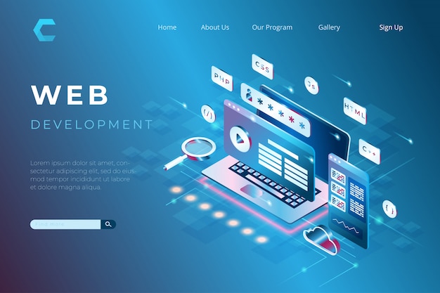 Vector illustration of website development with programming and coding, laptop with virtual interactive screens in isometric style