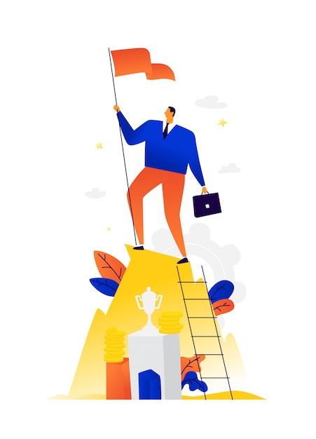 Vector illustration of a winner businessman achieving his goals. . metaphor. victory in business.