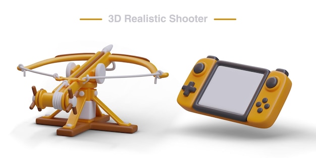 Vector illustrations for advertising realistic shooter game ballista with stretched string game console