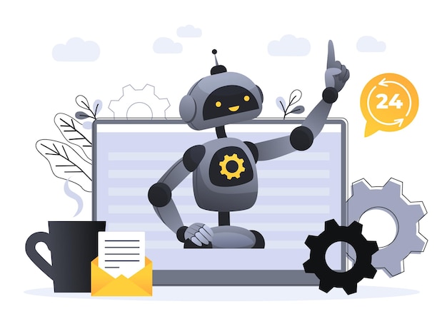 Vector illustrations concept customer and operator, online technical support 24-7 for web page. artificial intelligence ai. technology working with smart brain computer and machine connecting device.