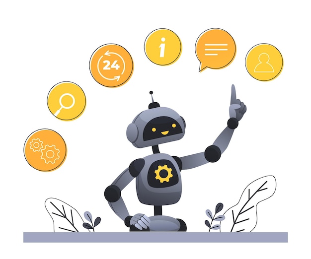 Vector illustrations concept customer and operator, online technical support 24-7 for web page. artificial intelligence ai. technology working with smart brain computer and machine connecting device.