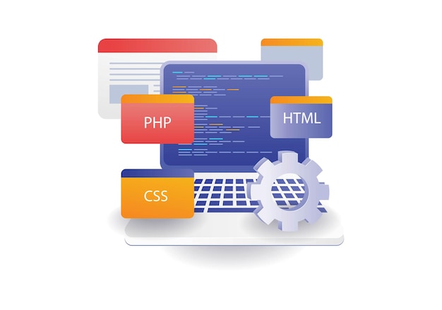 Vector infographic concept of programming language information for compiling developer web applications