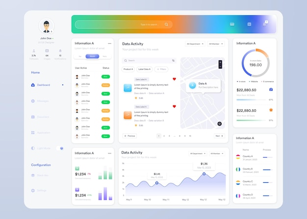 Vector infographic dashboard ui design with graphs charts and diagrams web interface template