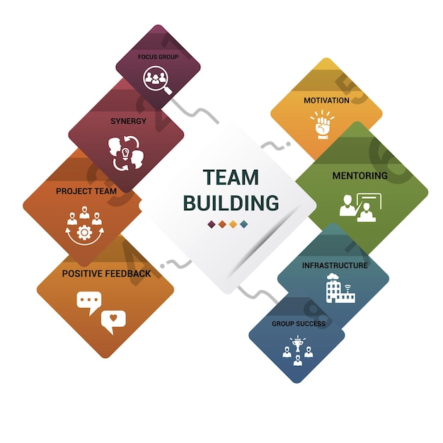 Vector infographic team building template icons in different colors