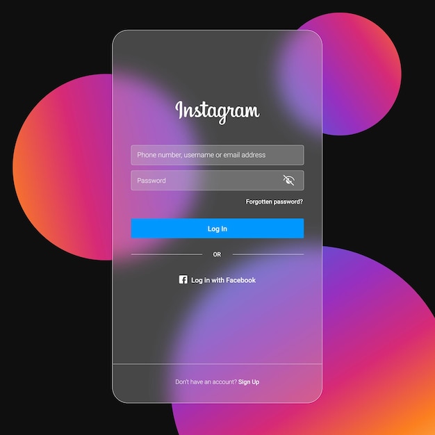 Vector instagram login screen template with glass morphism effect