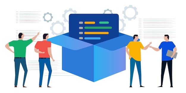 Vector install box package of software development process by developer delivering final source code