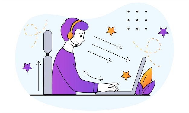 Vector instruction for correct pose concept man sitting at laptop with correct even posture attention to