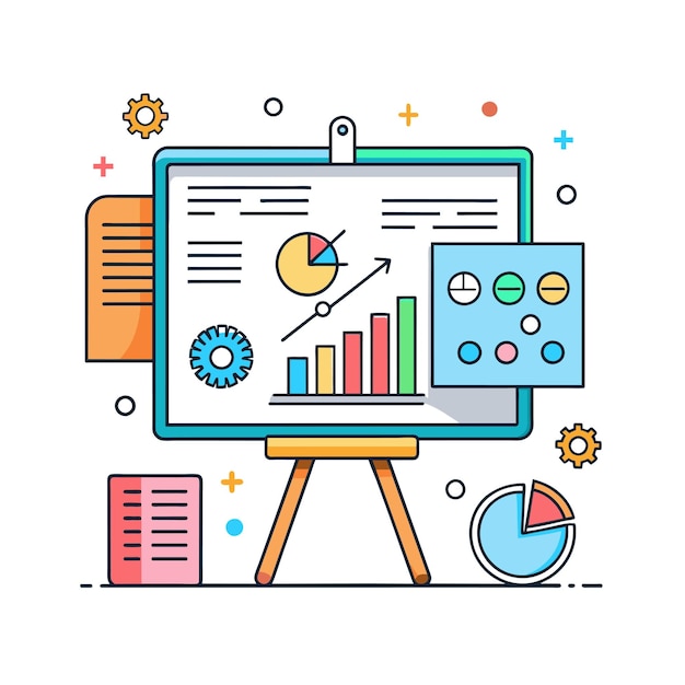 Vector interactive whiteboard with diagrams and notes vector illustration