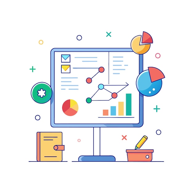 Vector interactive whiteboard with diagrams and notes vector illustration
