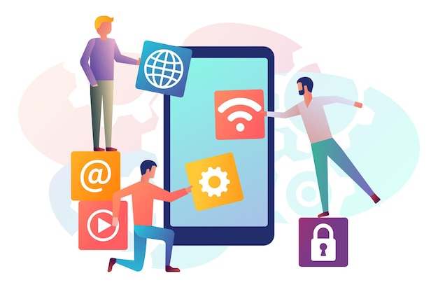 Vector interface development, design mobile app. mobile technology. team small people, programmer building application blocks on screen of smartphone. vector flat design. software development process.