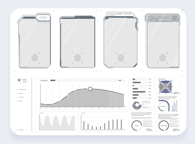 Vector interface elements. futuristic abstract hud frame screen, button, loading, text isolated