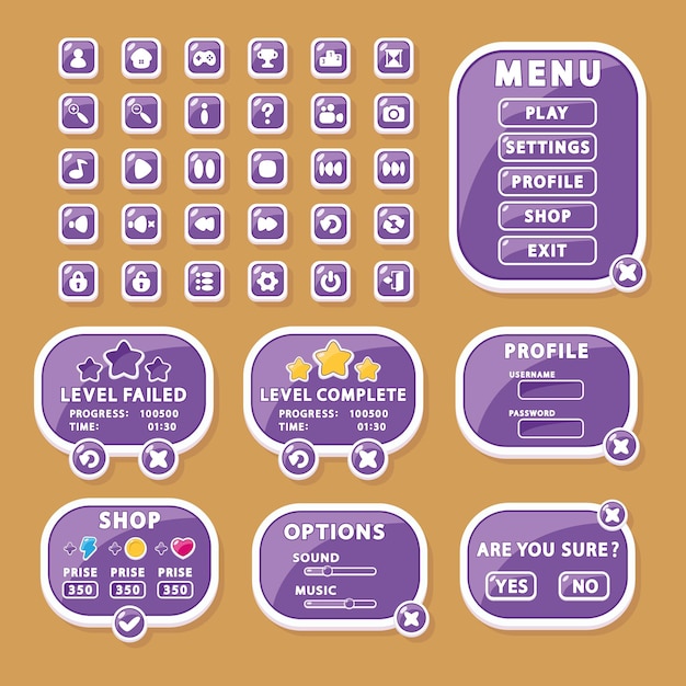 Vector interface elements for game and app design buttons, menu windows, and settings (gui, ui).